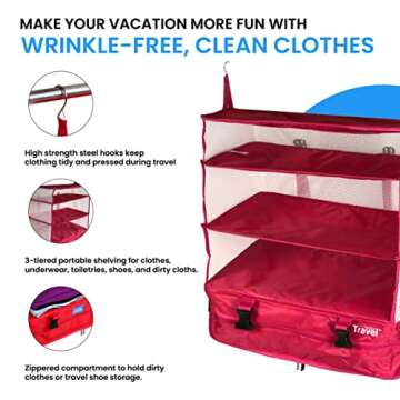 Grand Fusion Stow-N-Go Portable Hanging Travel Shelves, Packing Organizer for Luggage. Carry on Closet for Clothes. Expandable Packing Cube. Travel Essentials. (Pink - XL, XL = (L) 17.7" x (W) 11.8")