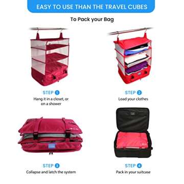 Grand Fusion Stow-N-Go Portable Hanging Travel Shelves, Packing Organizer for Luggage. Carry on Closet for Clothes. Expandable Packing Cube. Travel Essentials. (Pink - XL, XL = (L) 17.7" x (W) 11.8")