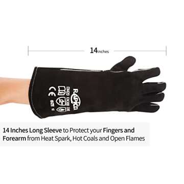 RAPICCA Fireplace Gloves Fire Heat Resistant: Black 14IN - Fireproof Leather for Fireplace Fire Pit Wood Stove Campfire Furnace BBQ Grill Stick Mig Welding Welder Gear - One Size