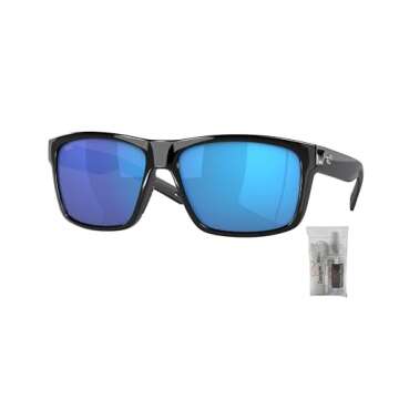 Costa Del Mar Slack Tide 6S9035 903510 60MM Shiny Black/Blue Mirror Polarized Rectangular Sunglasses for Men + BUNDLE With Designer iWear Complimentary Eyewear Kit