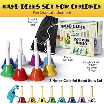 MINIARTIS Hand Bells for Kids | Educational Music Toys for Toddlers 8 Notes Colorful Handbells Set | Kids Musical Instrument with 15 Songbook | Great Birthday Gift for Children