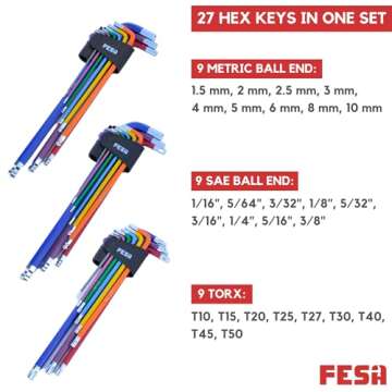 FESA Complete Allen Wrench Set - 29-Piece Torx, Standard & Metric Allen Wrench Set with Micro to Large Ball End Hex Keys - Jumbo Allen Wrench Set w/a Folding Hex Tool, T-Handle & Foam Tray Organizer