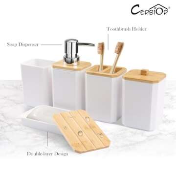 CERBIOR Bathroom Accessories Set 7 Piece Bath Ensemble Includes Soap Dispenser, Toothbrush Holder, Toothbrush Cup, Soap Dish for Decorative Countertop and Housewarming Gift (White)