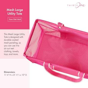 THIRTY-ONE Gifts Mesh Large Utility Tote Bag, Collapsible Mesh Tote Bag for Beach Essentials, Pool Trips, or Grocery Shopping, Neon Pink Mesh