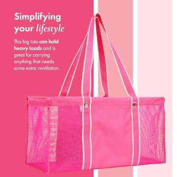 THIRTY-ONE Gifts Mesh Large Utility Tote Bag, Collapsible Mesh Tote Bag for Beach Essentials, Pool Trips, or Grocery Shopping, Neon Pink Mesh