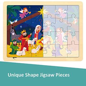 Nativity Scene Kids 24 Piece Puzzle for 3 Year Old, Unique Shape Jigsaw Pieces Christmas Wooden Jigsaw Puzzles for Toddlers Ages 3-5, Preschooler Puzzles with Wooden Puzzle Tray