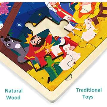 Nativity Scene Kids 24 Piece Puzzle for 3 Year Old, Unique Shape Jigsaw Pieces Christmas Wooden Jigsaw Puzzles for Toddlers Ages 3-5, Preschooler Puzzles with Wooden Puzzle Tray