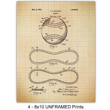 Baseball Patent Art Prints - Vintage Retro Wall Art Poster Set - Chic Contemporary Home Decor for Boys, Teens, Game, Kids Room, Den, Office - Great Gift for Men, Boys - Four 8x10 Photos - Unframed