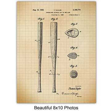 Baseball Patent Art Prints - Vintage Retro Wall Art Poster Set - Chic Contemporary Home Decor for Boys, Teens, Game, Kids Room, Den, Office - Great Gift for Men, Boys - Four 8x10 Photos - Unframed