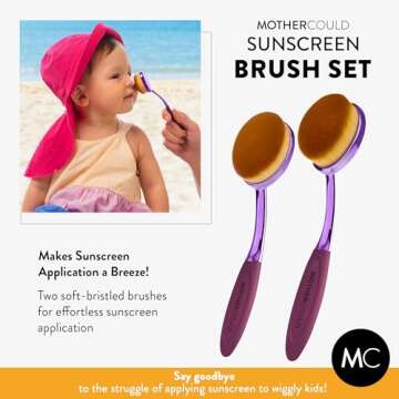 Mothercould Sunscreen Brush Set - Lotion Applicator for Kids, Babies, Families, and Adults | Safe for Face & Body | Travel-Friendly Design with Protective Caps & Cleaning Mat (2 Pack) (Plum)