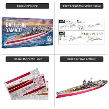 Piececool 3D Metal Puzzle Military Watercraft Model Kits, Yamato Battleship Metal Model Building Kit for Adults, Brain Teaser DIY Hobbies for Men, for Teens Boys, 245 Pcs