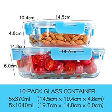 C CREST Glass Meal Prep Containers, [10 Pack] Glass Food Storage Containers with Lids, Airtight Glass Bento Boxes, BPA Free & Leak Proof (10 Lids & 10 Containers)