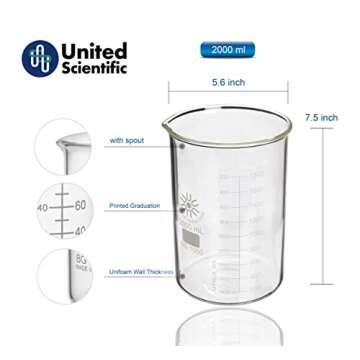 United Scientific™ BG1000-2000 Borosilicate Laboratory Grade Glass Beaker | Griffin Style Low Form Beaker | Graduated with Spout | Glassware & Labware | 2,000mL (2L) | 1 Each