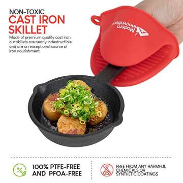 Modern Innovations Mini Black Cast Iron Skillet Set with Silicone Mitt (4 Count) - 3.5 Inch Pans, Pre Seasoned Small Skillets for Baked Cookie/Brownie or Cooked Eggs