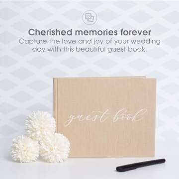 Pearhead Linen Wedding Guest Book with White Script - Classic Elegant Wedding Decor, Perfect for Bridal Showers and Weddings, Includes Pen For Guests - 100 Pages, 7"x9", Beige Burlap