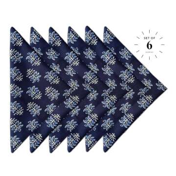 Craftbot Soft Cotton Dinner Napkins 18x18 inches - Washable Thin Cloth Napkins Set of 6 - Everyday Use or Dinner Party and Events - Indigo Blue Floral Pattern Lightweight Indian Block Print Fabric