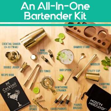 Modern Mixology Bartender Kit: 23-Piece Bar Set Cocktail Shaker Set with Stylish Bamboo Stand, Perfect for Home Bar Tools Bartender Tool Kit and Martini Cocktail Shaker for Awesome Drink Mixing (Gold)