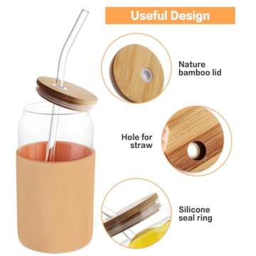 HOMBERKING Glass Cups with Bamboo Lids and Straws 8pcs Set, 20oz Can Shaped Cute Tumbler Cup with Cleaning Brushes, Beer Glasses, Iced Coffee Cups with Silicone Protective Sleeve BPA Free, Amber