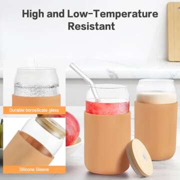 HOMBERKING Glass Cups with Bamboo Lids and Straws 8pcs Set, 20oz Can Shaped Cute Tumbler Cup with Cleaning Brushes, Beer Glasses, Iced Coffee Cups with Silicone Protective Sleeve BPA Free, Amber