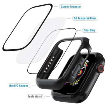 Foamia 2 Pack Case for Apple Watch Screen Protector, Hard PC Case with Tempered Glass Protective Cover Guard Bumper, Slim Apple Watch Cover for iWatch Series 6/5/4/SE 2ND GEN - Black/Black 40mm