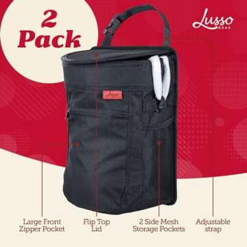 Lusso Gear Spill-Proof Car Trash Can (2 Pack) - 2.5 Gallon Hanging Garbage Bin - Removable Liner, Storage Pockets, Keeps Automobile, Truck, Minivan & SUV Clean & Odor Free