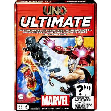 UNO Ultimate Marvel Card Game with 4 Collectible Foil Cards, Character-Themed Decks & Special Rules, Gift for Game Night, Ages 7 Years & Older