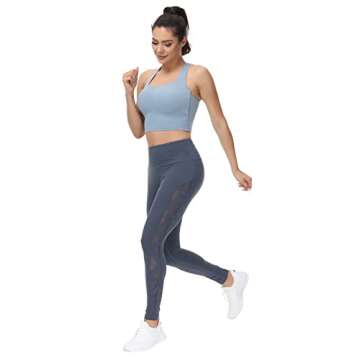 romansong Yoga Leggings Mesh High Waisted with Pockets Sports Gym Running Leggings Active Wear Athletic Pants for Women(Blue,Medium)