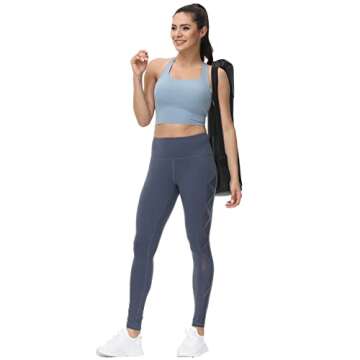 romansong Yoga Leggings Mesh High Waisted with Pockets Sports Gym Running Leggings Active Wear Athletic Pants for Women(Blue,Medium)