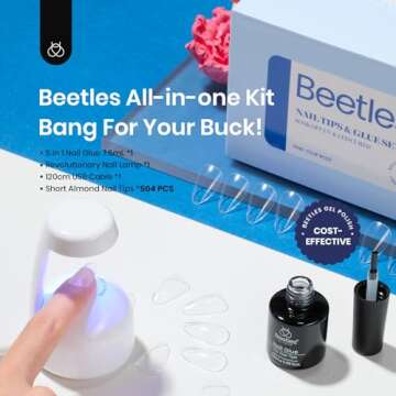 Beetles Gel Nail Kit Almond-500Pcs Gel Nail Kit Easy Nail Extension Set Short Almond Shape 5 In 1 Nail Glue Gel Extension Nail Kit Uv Led Lamp Acrylic False Nail Tips Kit DIY Nails Art Gifts for Women