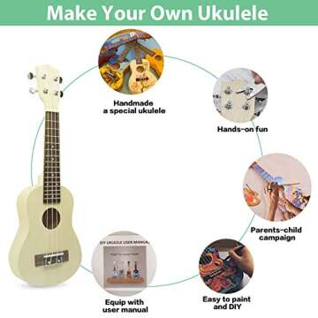 DIY Ukulele Kit Build Your Own Soprano Ukulele Kit Handmade 21 Inch Hawaii Ukulele DIY Kit for Boys Girls Kids Teens Adults Beginners Amateur School Project Art Project