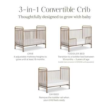 NAMESAKE Abigail 3-in-1 Convertible Baby Crib (Gold) - GREENGUARD Gold Certified - Convertible Crib to Toddler Bed and Daybed - Baby Bed w/ 4 Adjustable Heights - Vintage Baby Crib Convertible