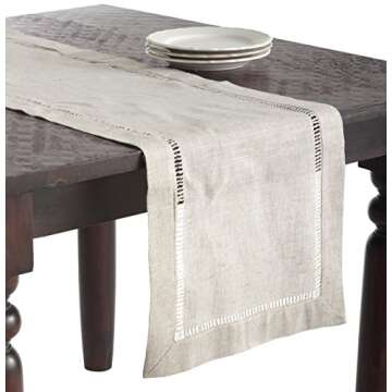 SARO LIFESTYLE Poly and Linen Blend Hemstitched Table Runner with Hemstitch Border, Natural, 16"x90"