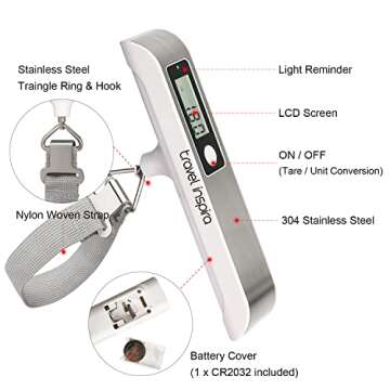 travel inspira Luggage Scale,Digital Luggage Scales,Baggage Scale with Overweight Alert LCD Display 110LB / 50KG, Stainless Steel (White)