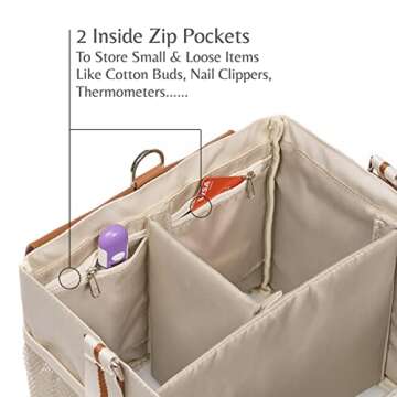 FifthStart Diaper Caddy Organizer - Multiple Compartment Bag with Shoulder Strap and Entertainment Pouch Keeps Baby Still for Diaper Changing. Waterproof Canvas Fabric Storage Bag for Nursery (Beige)