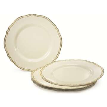 " OCCASIONS " 50 Plates Pack (25 Guests)-Heavyweight Wedding Party Disposable Plastic Plate Set -25 x 10.25'' Dinner + 25 x 7.5'' Salad/dessert plates (Rochelle Ivory and Gold)