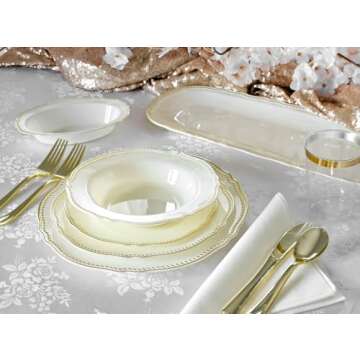 " OCCASIONS " 50 Plates Pack (25 Guests)-Heavyweight Wedding Party Disposable Plastic Plate Set -25 x 10.25'' Dinner + 25 x 7.5'' Salad/dessert plates (Rochelle Ivory and Gold)