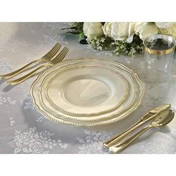 " OCCASIONS " 50 Plates Pack (25 Guests)-Heavyweight Wedding Party Disposable Plastic Plate Set -25 x 10.25'' Dinner + 25 x 7.5'' Salad/dessert plates (Rochelle Ivory and Gold)