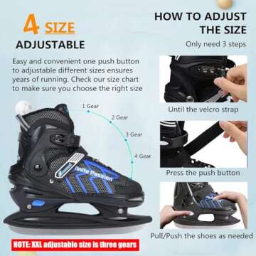 JGMLZK Ice Skates，Boys Hockey Skates,Skates with Adjustable 4 Sizes for Boys Girls Youth Men Women and Beginners (Black Blue, M (1-4) Kid‘s/(4-6) Women's)