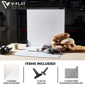 V-FLAT WORLD Duo Board Product Photography Backdrops - 2-Sided Background for Photography, Realistic Item & Food Photography Background - Includes 2 Legs, Mat - 24" x 24", Raw Concrete/Vintage Plaster