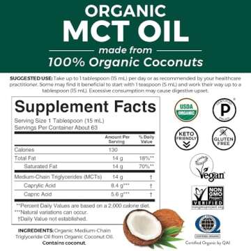 Viva Naturals Organic MCT Oil 32 fl oz - Best MCT Oil Organic for Coffee, MCT Coconut Oil Supports Energy & Mental Clarity, USDA Organic, Non-GMO, Paleo & Keto Certified, MCT Wellness