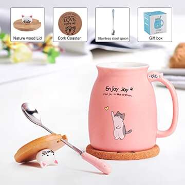 Feify Cute Cat Cup Ceramic Coffee Mug with Kawaii Cat Wooden Lid, Lovely Stainless Steel Spoon, Anime Kitty Thicken Wooden Coaster, Christmas Birthday Cute Thing Japanese Mug 16oz (Pink)