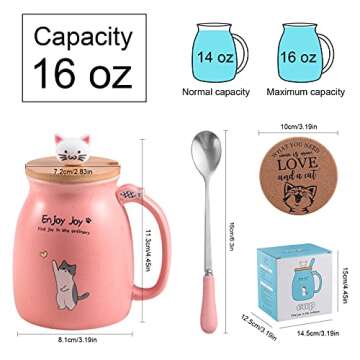 Feify Cute Cat Cup Ceramic Coffee Mug with Kawaii Cat Wooden Lid, Lovely Stainless Steel Spoon, Anime Kitty Thicken Wooden Coaster, Christmas Birthday Cute Thing Japanese Mug 16oz (Pink)