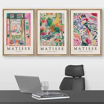 wall26 Framed Canvas Wall Art Print Set French Floral Rainbow Landscapes Henri Matisse Nature Plants Illustrations Modern Relax/Calm Multicolor for Living Room, Bedroom, Office - 16"x24"x3 Natural