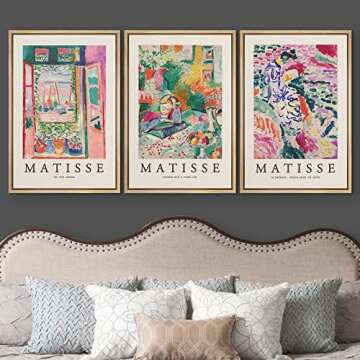 wall26 Framed Canvas Wall Art Print Set French Floral Rainbow Landscapes Henri Matisse Nature Plants Illustrations Modern Relax/Calm Multicolor for Living Room, Bedroom, Office - 16"x24"x3 Natural