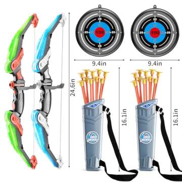 TEMI 2 Pack Set Kids Archery Bow Arrow Toy Set Outdoor Hunting Play with 2 Bow 20 Suction Cup Arrows 2 Target & 2 Quiver, LED Light Up Function Toy, Outdoor Toys for Kids, Boys & Girls Ages 3-12