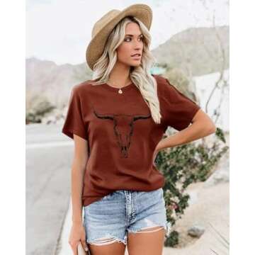 Boho Cow Skull Shirt Women Cowgirl t Shirt Vintage Western Rodeo Graphic Tee Short Sleeve Bull Skull Casual Top