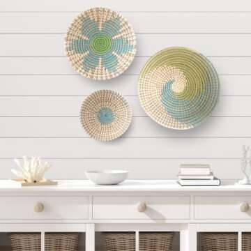 GoGift Wall Basket Decor - Wicker Coastal For Home Baskets Hanging Woven Boho Beach Rattan Seagrass Set of 3 Beige Teal Blue and Light Green