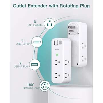 Surge Protector - Outlet Extender with Rotating and Multi Plug with 6 AC 3 USB Ports (1 USB C), 3-Sided Power Strip with Wall Adapter Charger for Home Travel Office, ETL Listed (1800J)