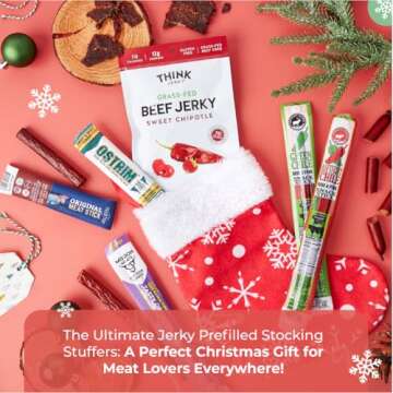 Jerky Prefilled Stocking Stuffer for Adults: Unique Christmas Gifts for Men, Dad - Exotic Beef Jerky Gift Set w Premium Selections of High-Protein Meat Treats - Cool Food Gift & Snack Packs for Holiday