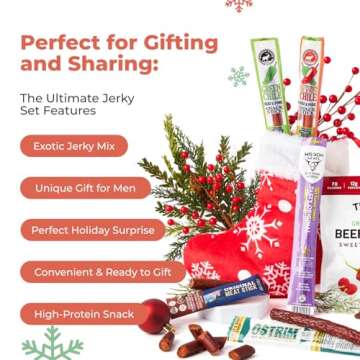 Jerky Prefilled Stocking Stuffer for Adults: Unique Christmas Gifts for Men, Dad - Exotic Beef Jerky Gift Set w Premium Selections of High-Protein Meat Treats - Cool Food Gift & Snack Packs for Holiday